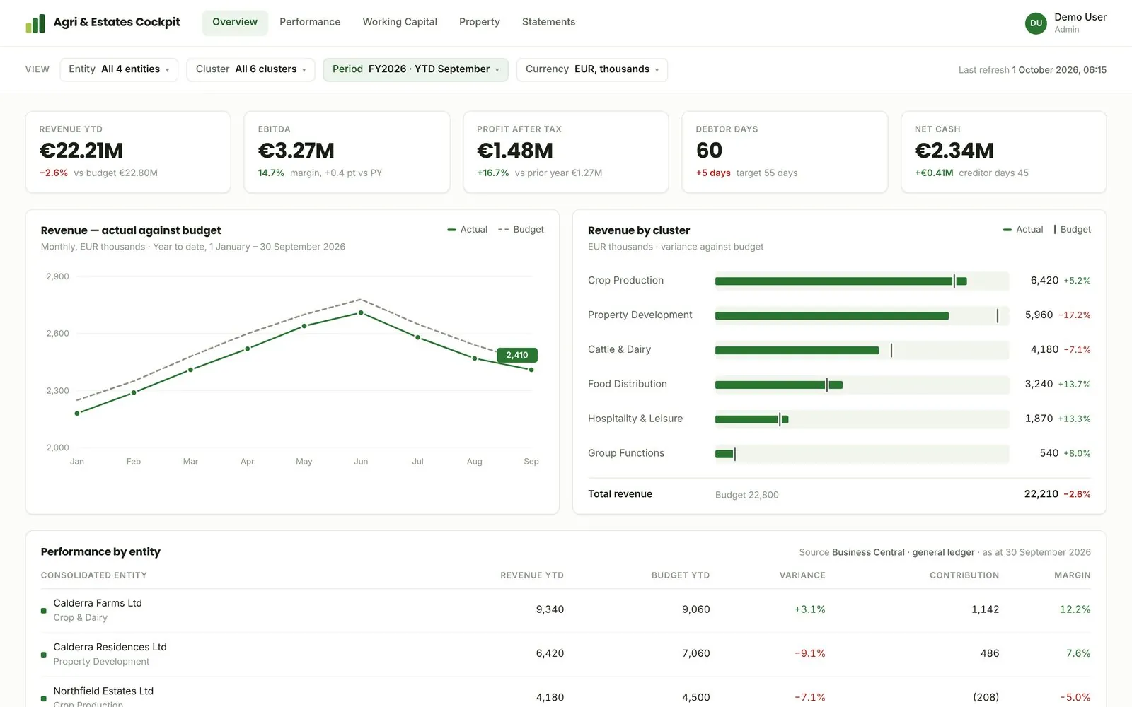 Five-entity group cockpit: revenue against budget by month and by cluster