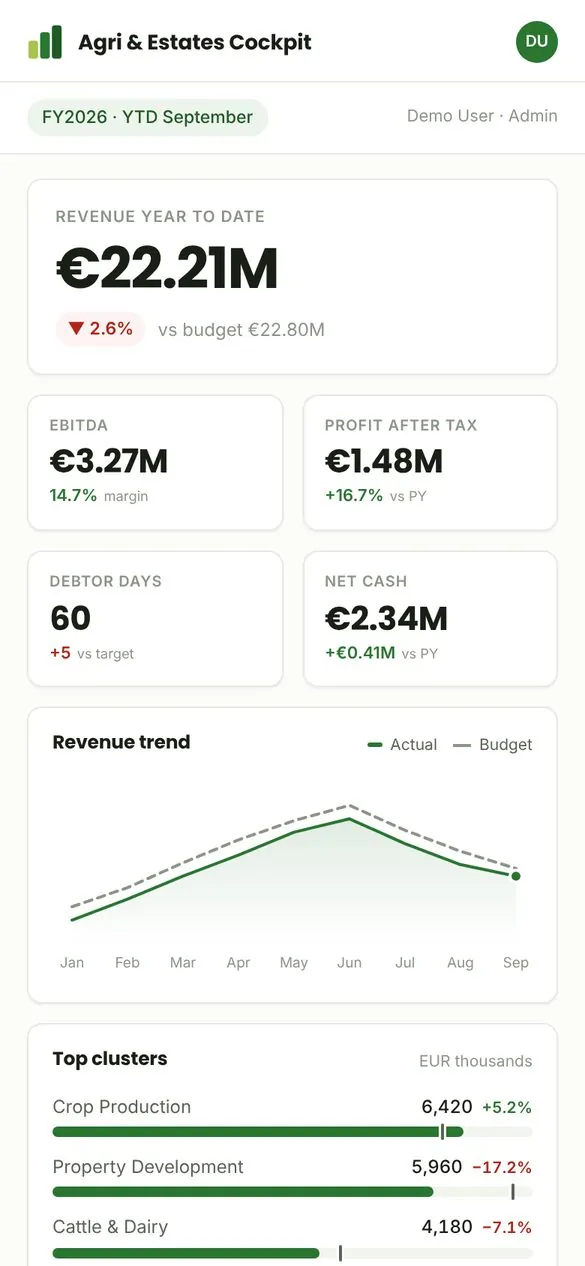 Five-entity group cockpit: The same headline figures on a phone.