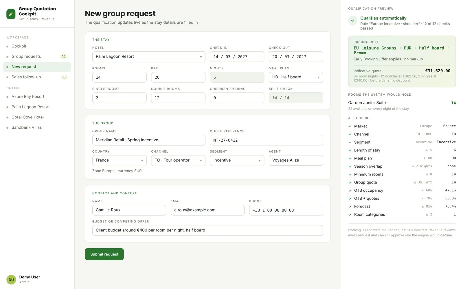 Group quotation engine: New request with live qualification