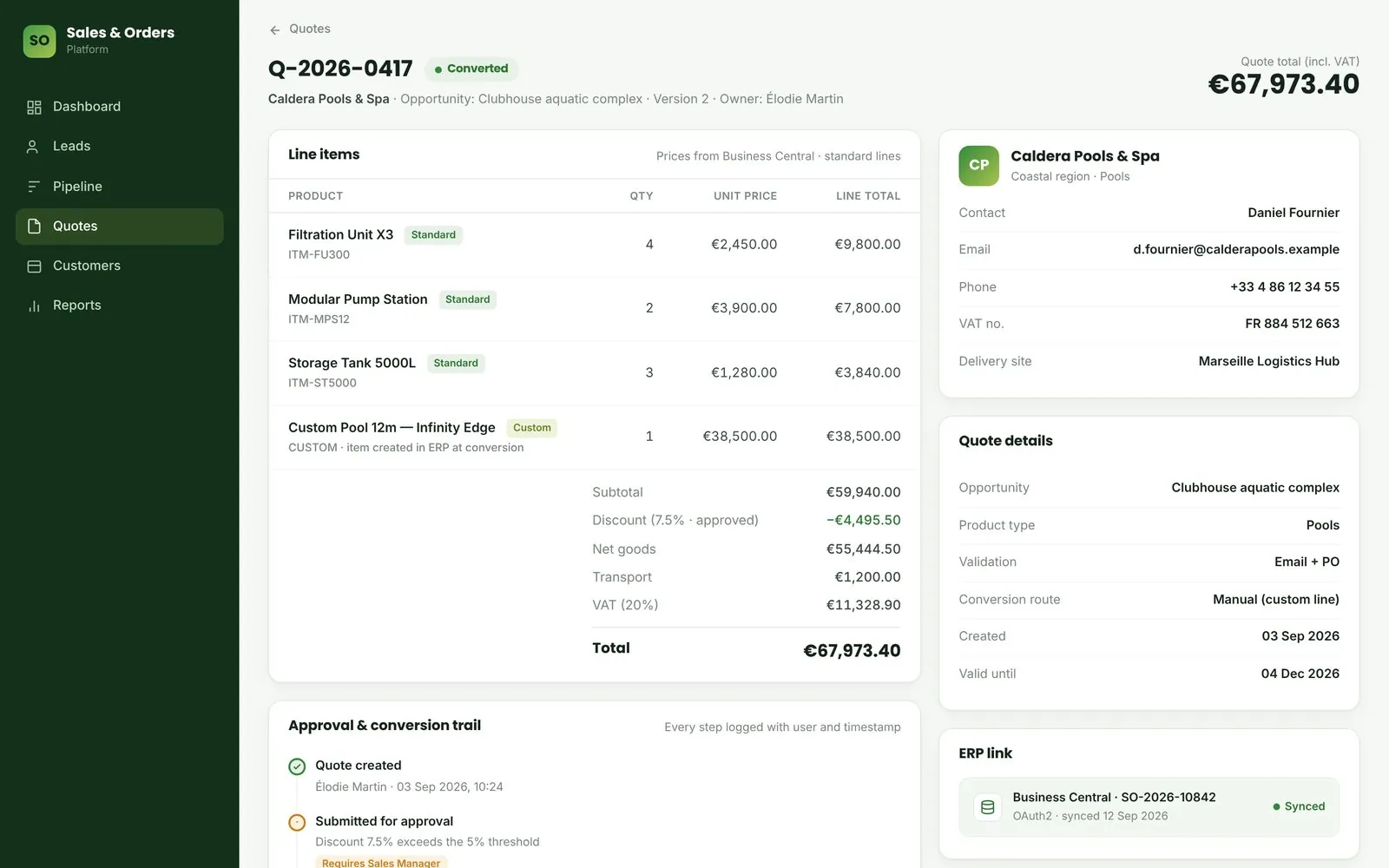 Sales and quotes platform, main screen