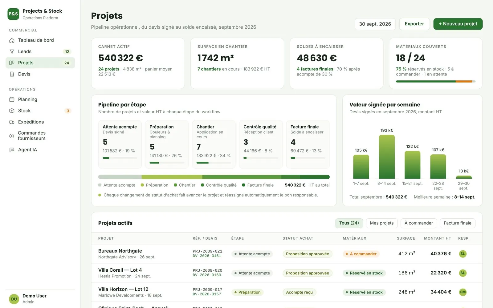 Projects and stock platform, main screen
