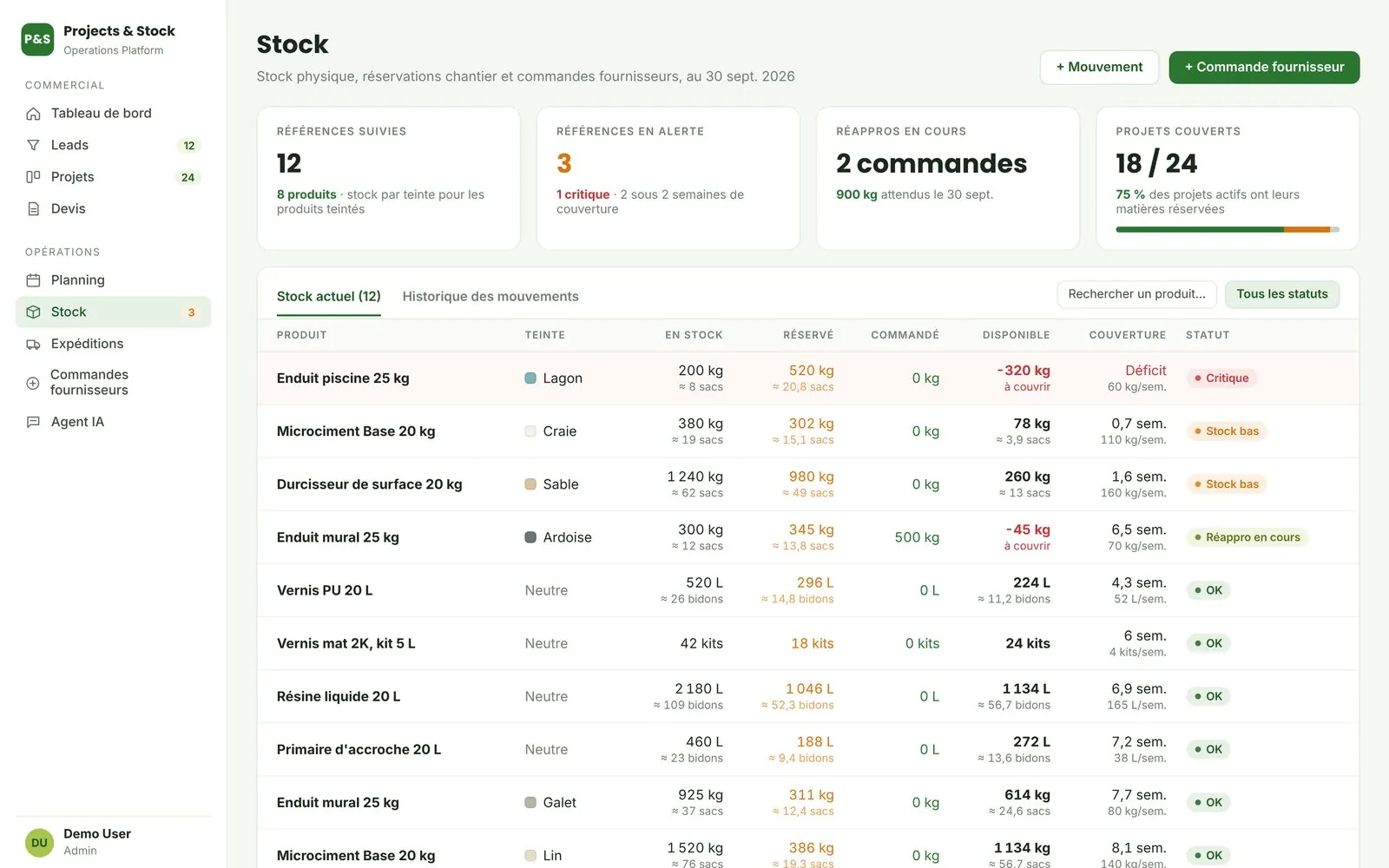 Projects and stock platform: Real-time stock by product and shade